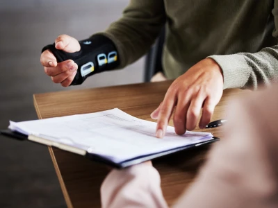 Person in a green sweater with a wrist brace on their left arm points at papers on a wooden desk, next to a black pen.